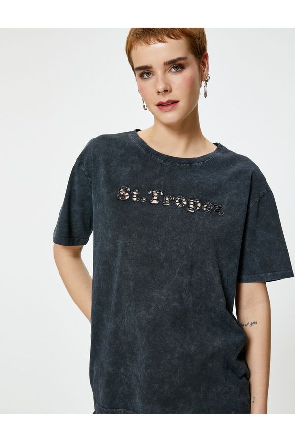 Koton Koton St. Tropez T-Shirt Window Detail Faded Effect Short Sleeve Crew Neck Cotton