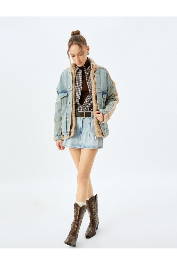 Koton Koton Stand Collar Buttoned Pocket Denim Fabric Detailed Comfortable Fit Plush Jacket
