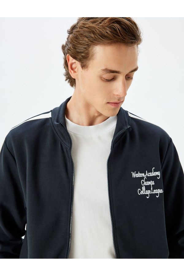 Koton Koton Stand Collar College Embroidered Piping Pocket Detailed Cotton Zippered Cardigan