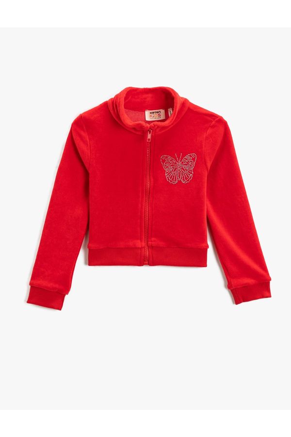 Koton Koton Stand-Up Collar Zippered Fleece Cardigan Long Sleeved Butterfly Embroidered Detail.