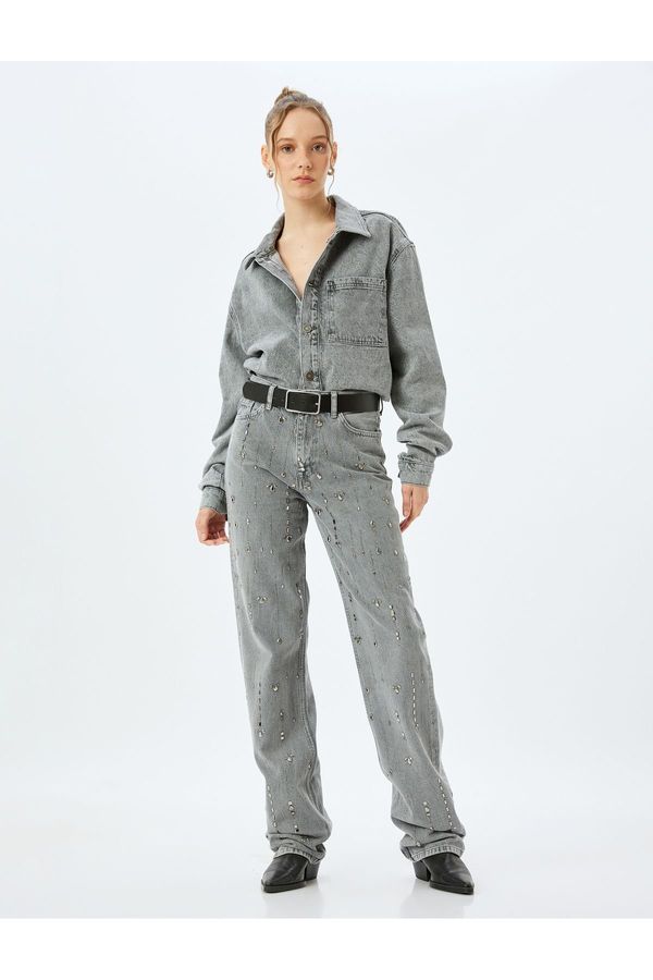 Koton Koton Straight Long Leg Normal Waist Pocket Detailed Stoned Jeans - Longer Straight Fit Jeans