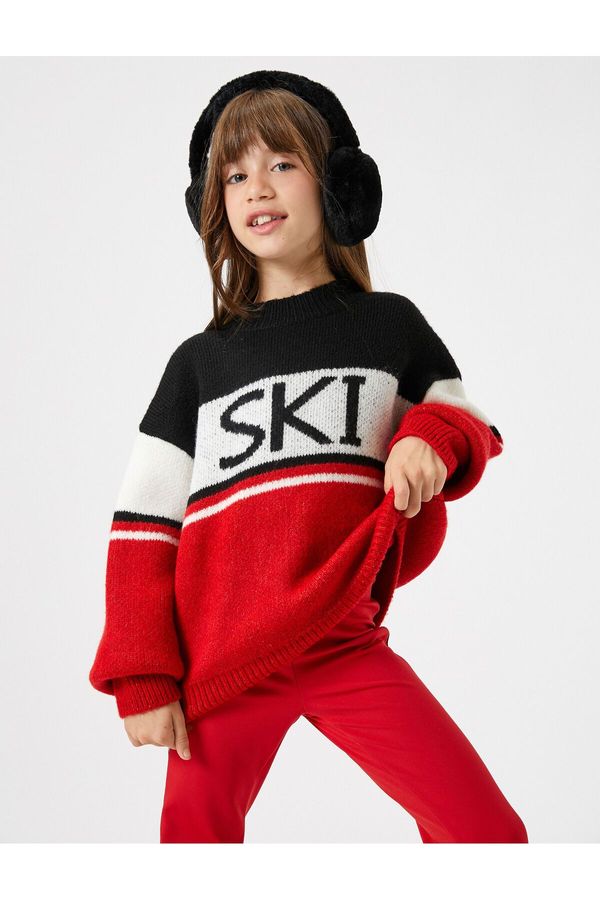 Koton Koton Sweater Round Neck Color Blocked Text Detailed