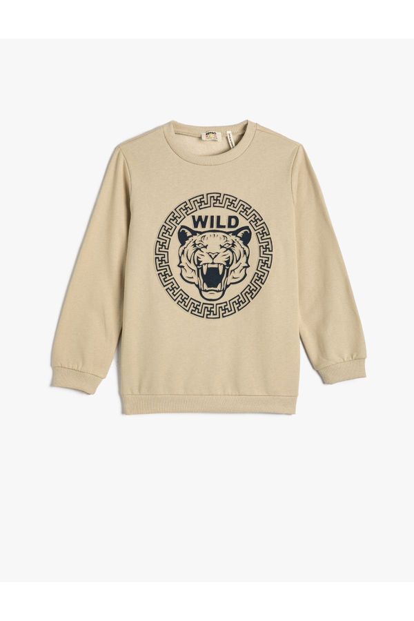 Koton Koton Sweatshirt Tiger Embossed Printed Cardigan Crew Neck