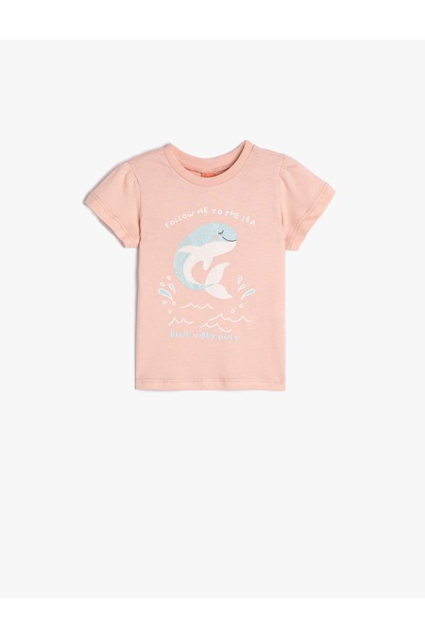 Koton Koton T-Shirt Short Sleeve Crew Neck Whale Print Glittery Cotton