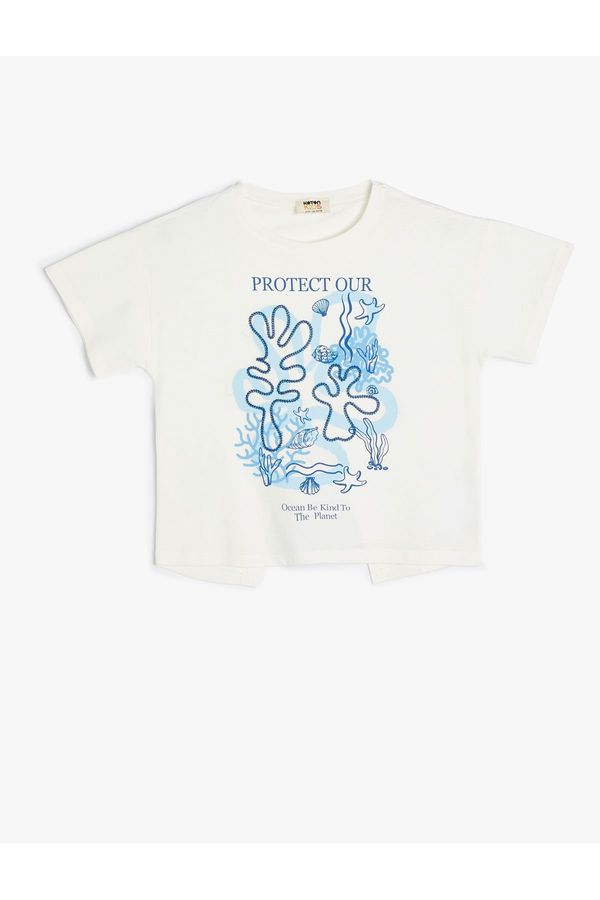 Koton Koton T-Shirt Short Sleeve Printed Cotton with Window Detail on the Back