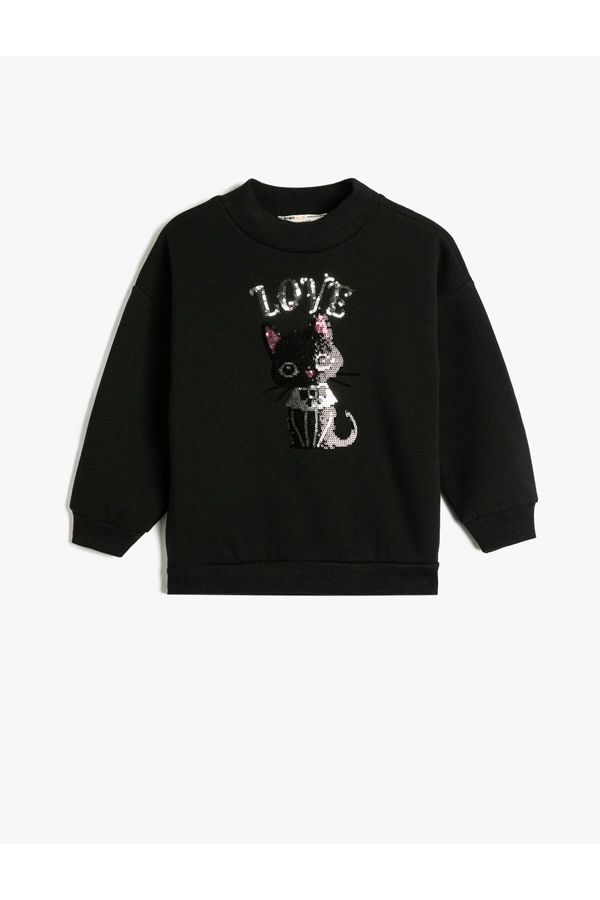Koton Koton The Cat Embroidered Sequins Sweatshirt with Rayon Crew Neck.