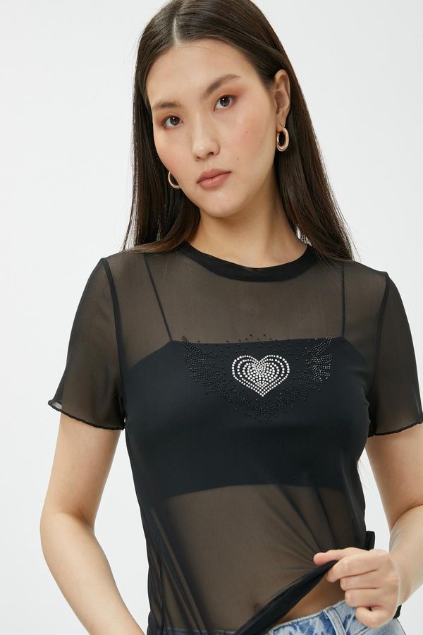 Koton Koton Transparent T-shirt with Stones and Short Sleeves