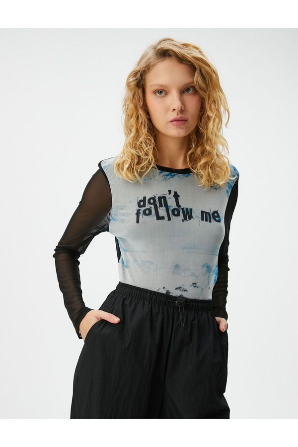 Koton Koton Tulle T-Shirt Tie-Dye Patterned Slogan Printed Long Sleeve Crew Neck