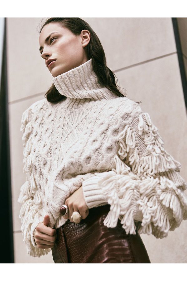 Koton Koton Turtleneck Hip Length Long Sleeve Tassel Knitted Sweater