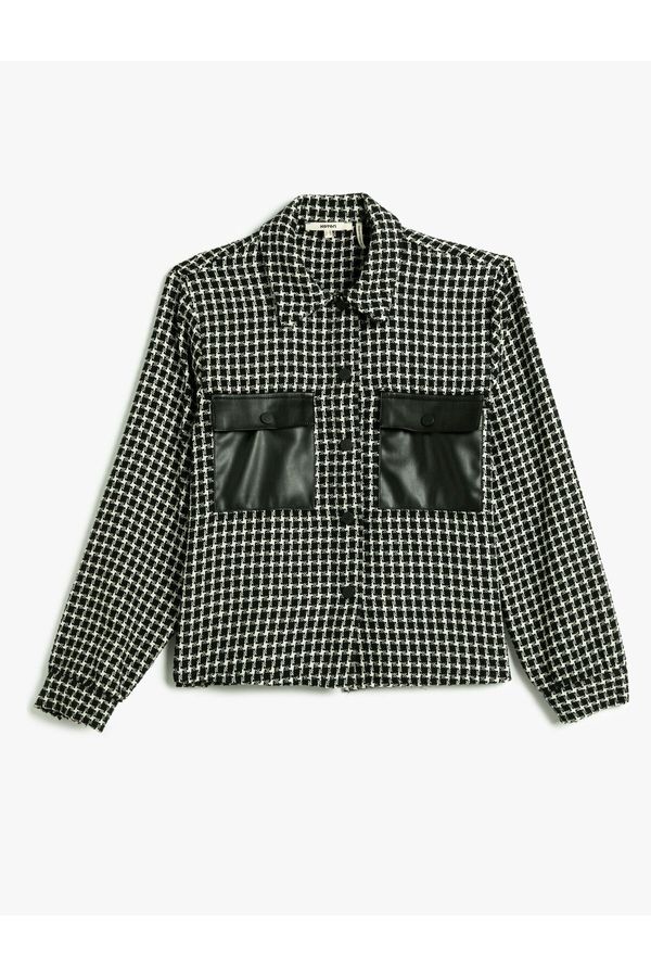 Koton Koton Tweed Jacket Faux Leather Detailed Pocket Buttoned