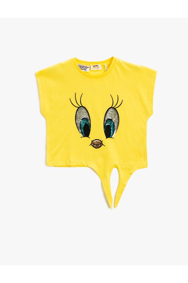 Koton Koton Tweety Licensed T-Shirt. Sequined Embroidered Short Sleeves with Tie Waist Crewneck.