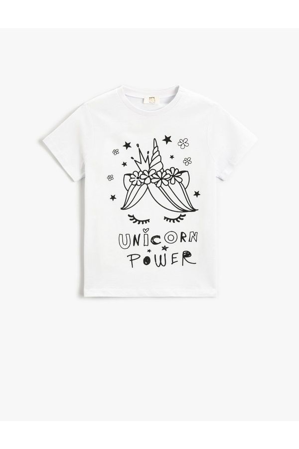 Koton Koton Unicorn Printed Short Sleeve T-Shirt. Crewneck Glittery.