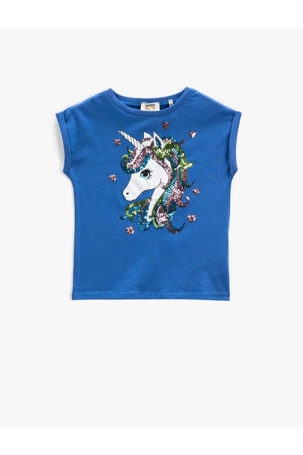 Koton Koton Unicorn T-Shirt With Sequin Embroidered Sleeveless Crew Neck.
