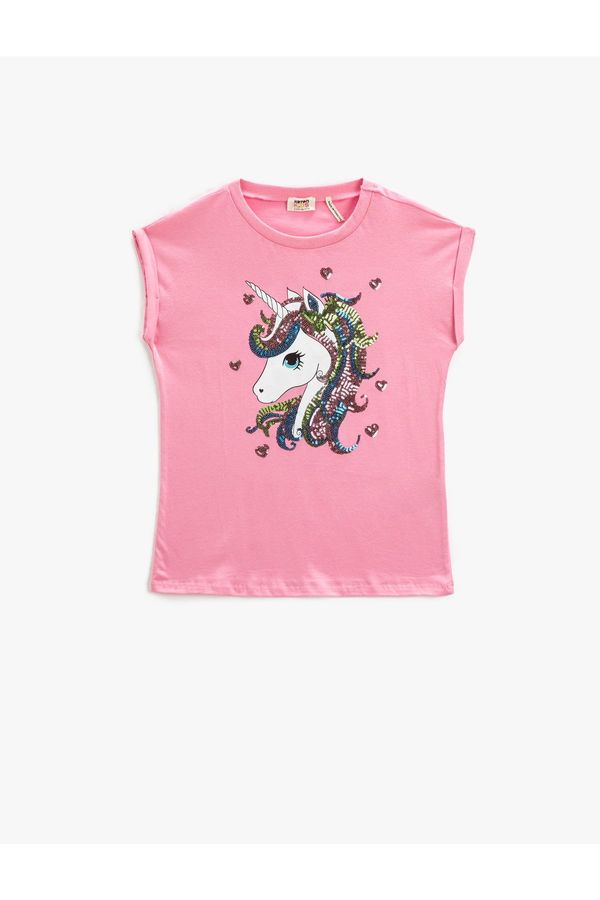 Koton Koton Unicorn T-Shirt With Sequin Embroidered Sleeveless Crew Neck.