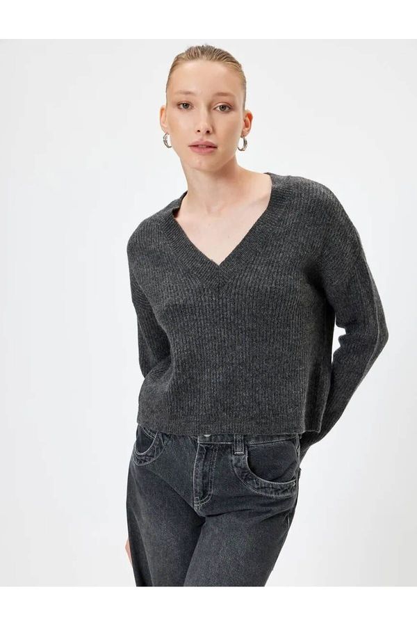 Koton Koton V Neck Knitted Sweater Long Sleeve Textured