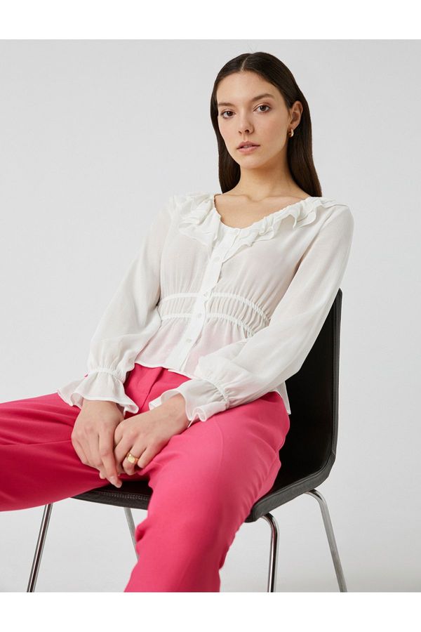 Koton Koton V-Neck Ruffle Long Sleeve Blouse