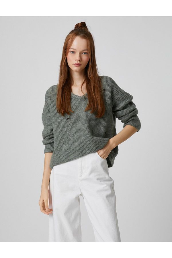 Koton Koton V-Neck Sweater Long Sleeve Openwork Knitted