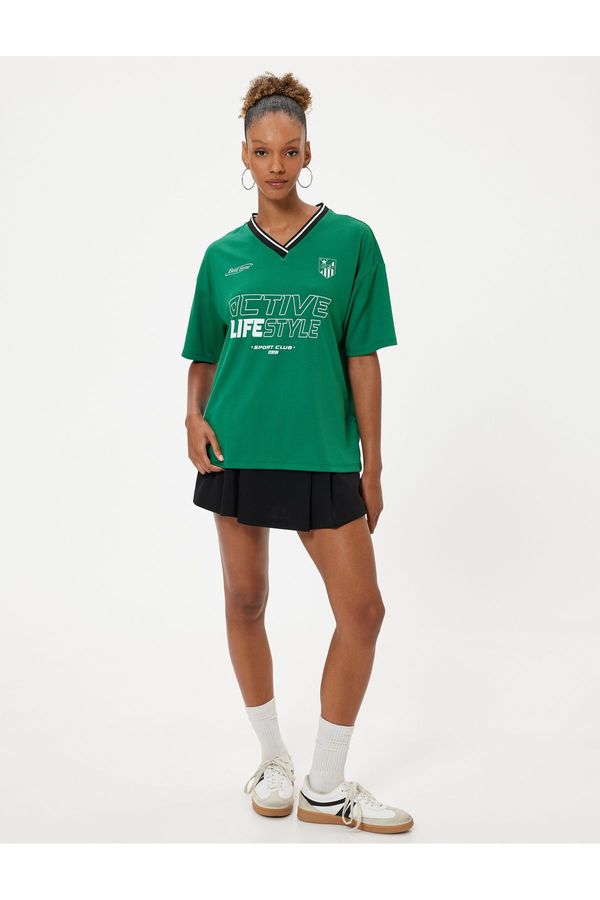 Koton Koton V-Neck T-Shirt Oversize College Printed Short Sleeve Piping
