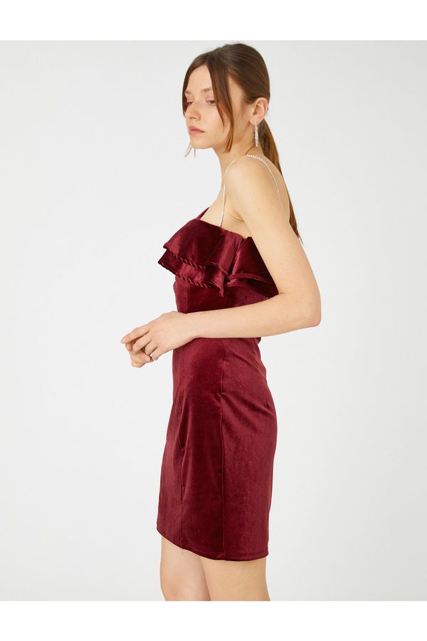 Koton Koton Velvet Mini Evening Dress With One Shoulder Ruffle Stone Detailed.