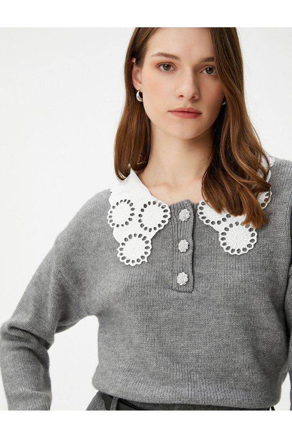 Koton Koton Vintage Look Sweater Lace Collar Buttoned