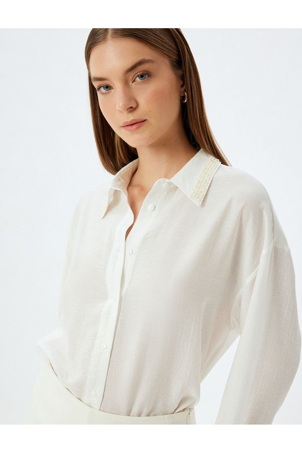 Koton Koton Viscose Shirt Collar Pearl Embroidery Detail Long Sleeve