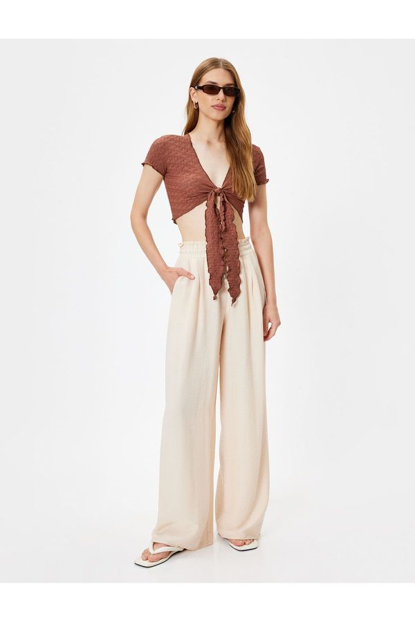 Koton Koton Viscose Wide Leg Trousers with Pockets, Elastic Waist, Pleat Detail