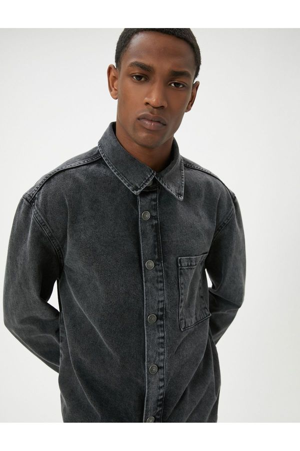 Koton Koton Washed Denim Shirt Jacket Long Sleeve Single Pocket Detailed Classic Collar Cotton