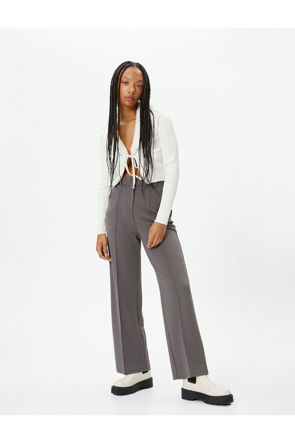 Koton Koton Wide Leg Fabric Trousers High Waist Comfortable Fit Ribbed Detailed Pockets