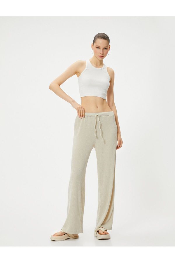 Koton Koton Wide Leg Trousers Textured Comfortable Fit Tie Waist Viscose Fabric Blended