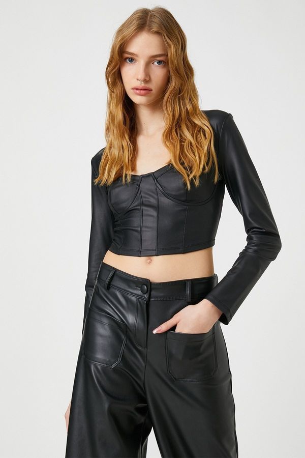 Koton Koton Women's Long Sleeve Square Collar Leather Look Bustier 3wal10694ik