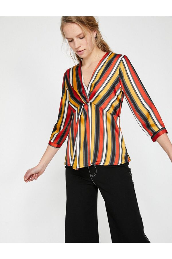 Koton Koton Women's Orange V-Neck 3/4 Sleeve Striped Blouse