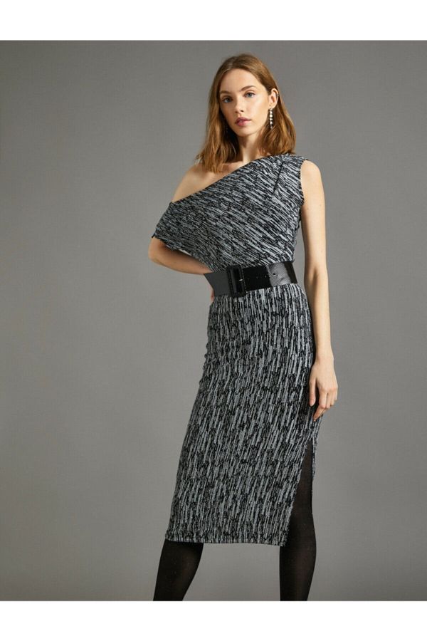 Koton Koton Women's Slit Dress Evening Dress Silvery Patterned Low Shoulder Midi Length