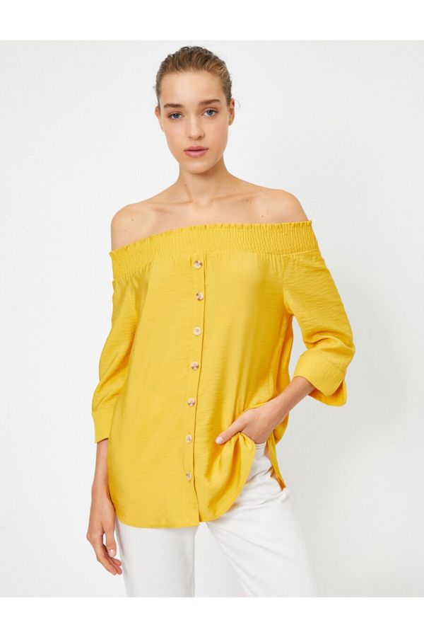 Koton Koton Women's Yellow Buttoned Sleeve Open Shoulder Shirt