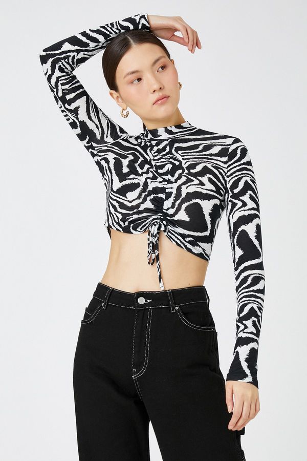 Koton Koton Zebra Patterned Gathered Long Sleeve Crop T-Shirt