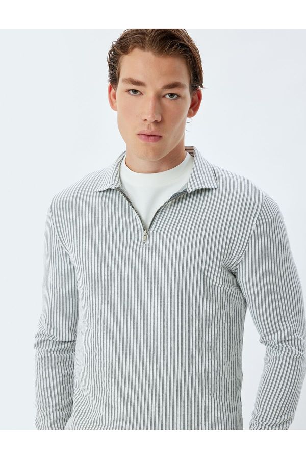 Koton Koton Zipper Collar Sweater Textured Long Sleeve Cotton Blend