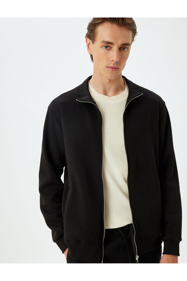 Koton Koton Zippered Cardigan Stand Collar Basic Long Sleeve Pocket Detail Raised Cotton Blend