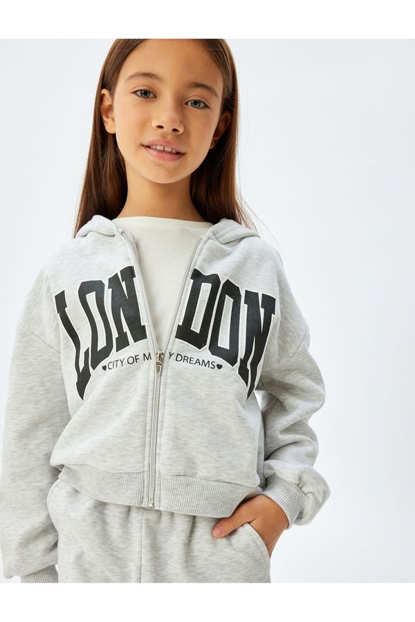 Koton Koton Zippered Crop Sweatshirt Hooded Printed Detailed Raised