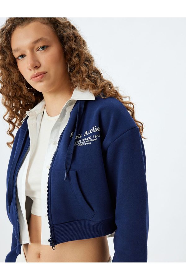 Koton Koton Zippered Sweatshirt Crop Back Printed Pocket Detail Slim Fit