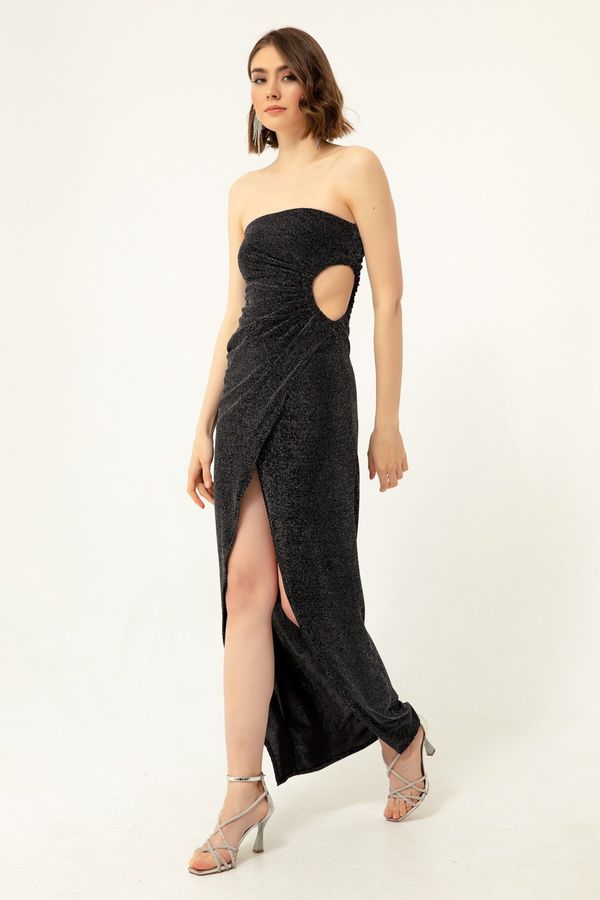 Lafaba Lafaba Women's Anthracite Double-breasted Evening Dress with Lined Knitted Shimmering & Prom Dress.