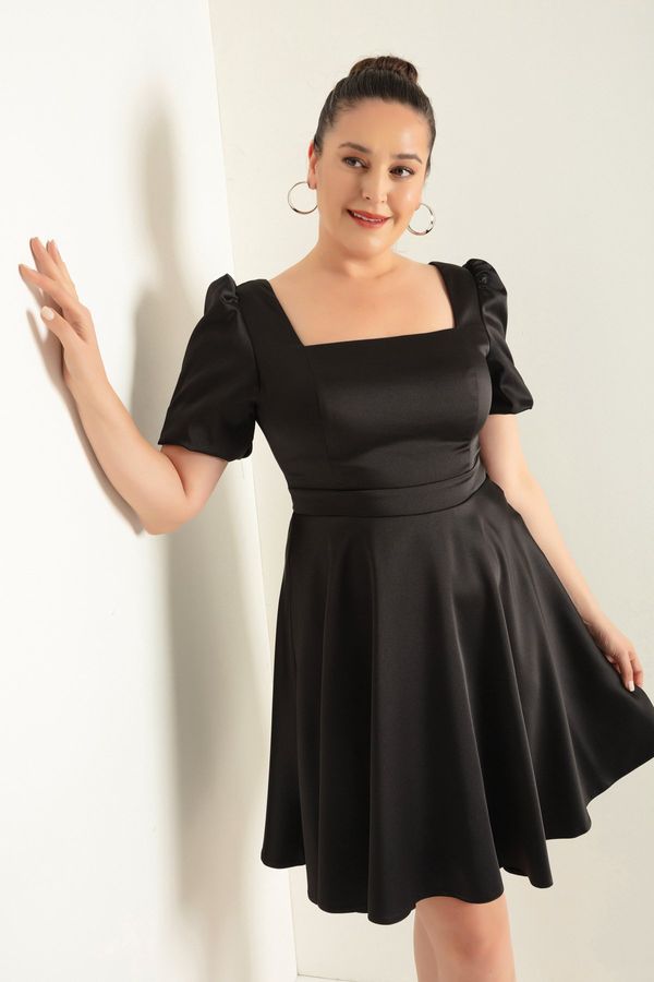 Lafaba Lafaba Women's Black Balloon Sleeve Flared Cut Mini Plus Size Satin Evening Dress