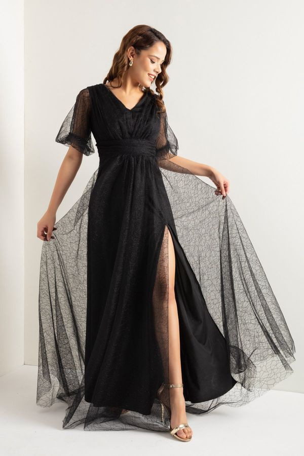 Lafaba Lafaba Women's Black Balloon Sleeve Silvery Long Evening Dress