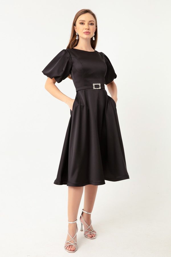 Lafaba Lafaba Women's Black Balloon Sleeve Stony Belted Mini Satin Evening Dress