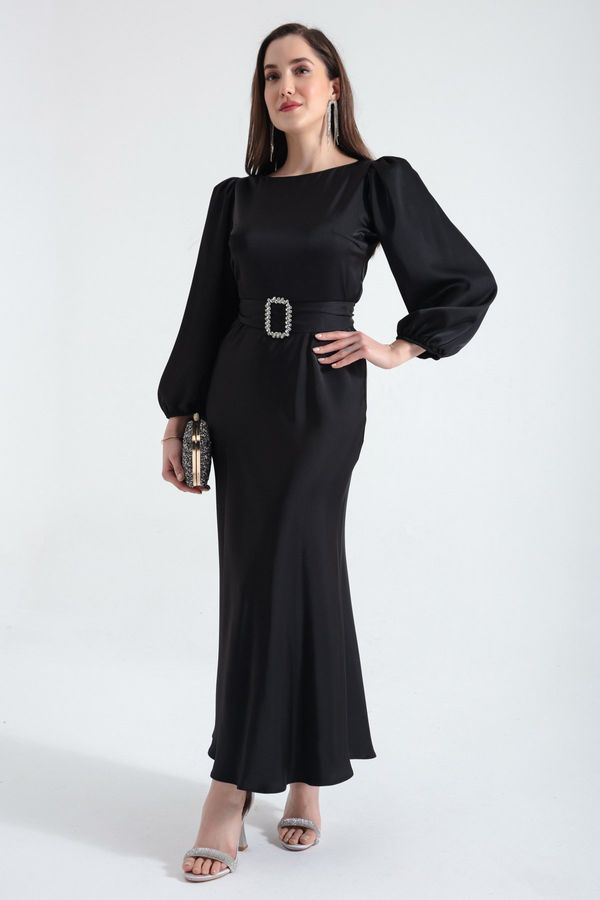 Lafaba Lafaba Women's Black Belted Midi Satin Evening Dress