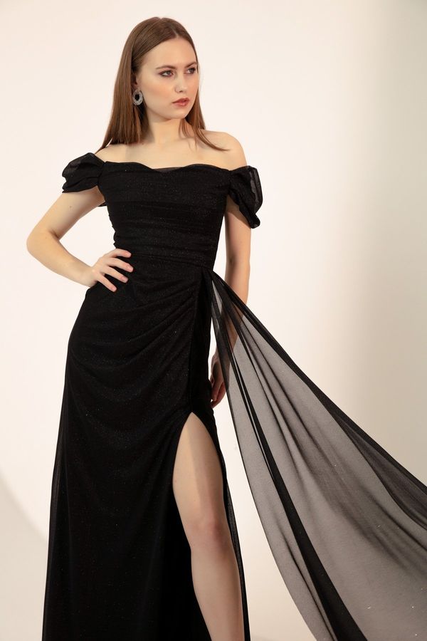 Lafaba Lafaba Women's Black Boat Collar Draped Long Glittery Evening Dress with a Slit.