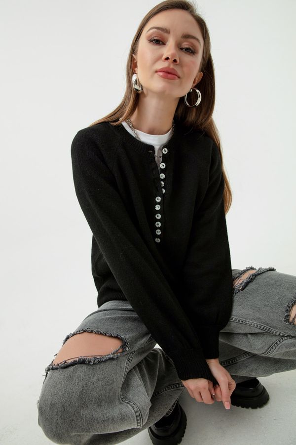 Lafaba Lafaba Women's Black Collar Buttonhole Turtleneck Striped Knitwear Sweater