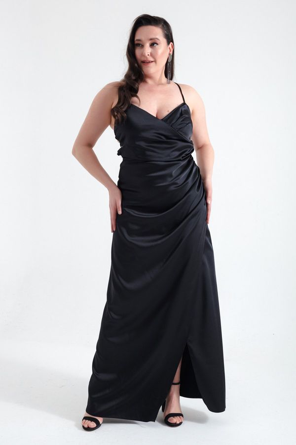 Lafaba Lafaba Women's Black Decollete Long Plus Size Evening Dress with Slit