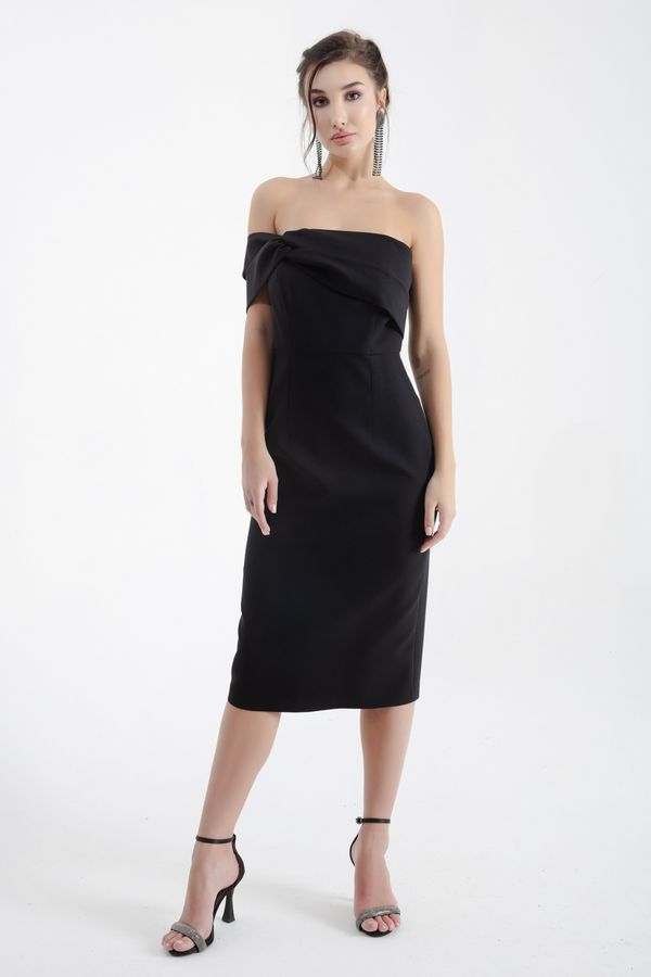 Lafaba Lafaba Women's Black Double Bandage One-Shoulder Midi Evening Dress