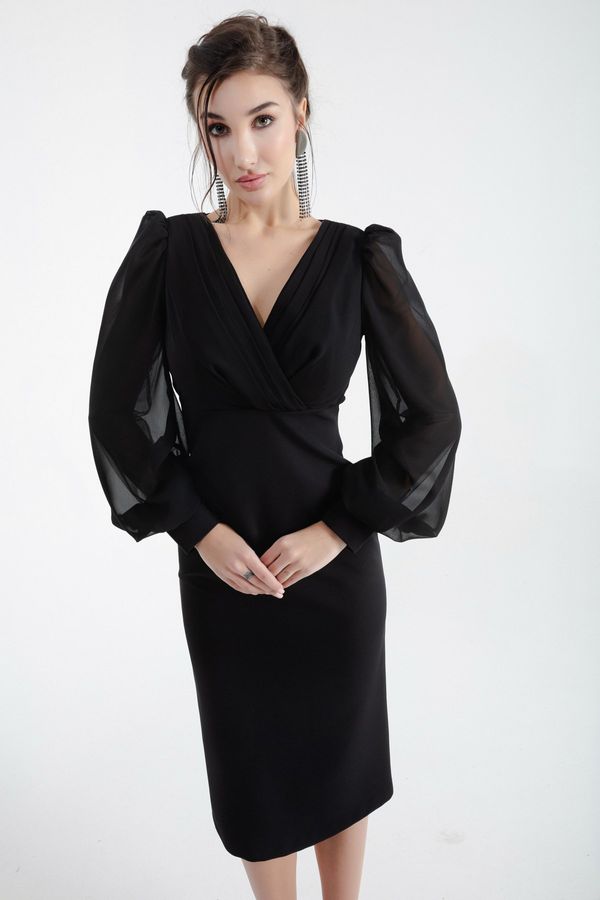 Lafaba Lafaba Women's Black Double Breasted Neck Midi Evening Dress