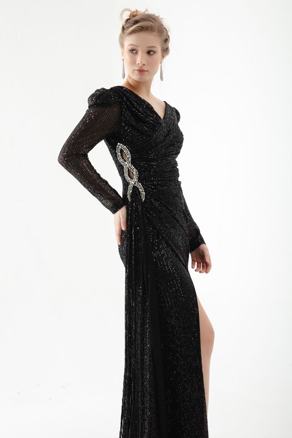 Lafaba Lafaba Women's Black Double Breasted Neck Sequined Long Stone Evening Dress