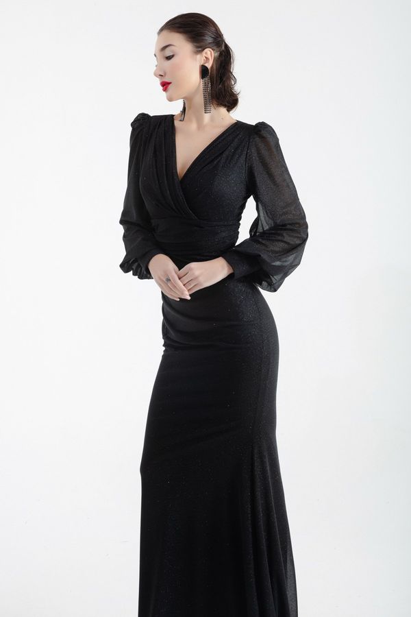 Lafaba Lafaba Women's Black Double Breasted Neck Silvery Long Evening Dress
